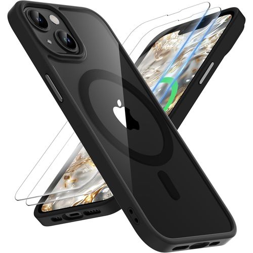 Eryi-Coque Pour Iphone 13/14 Avec 2 Verre Trempé Protection Écran Et 1 Caméra Protecteur, Etui Transparente Arrière Antichoc Coque Magnétique Pour Iphone 14 Compatible Mag-Safe 6.1"" Noir