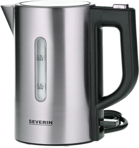 Ulteronixshop-SEVERIN bouilloire de voyage sans BPA 1 100 W, Petite bouilloire d¿une capacité de 0,5 L, Bouilloire électrique livrée avec 2 tasses et 2 cuillères, inox/noir, WK 3647