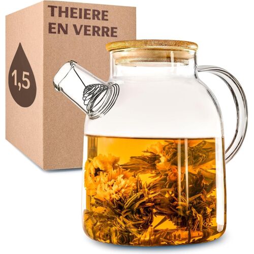 Theiere Verre Avec Filtre 1,5l - Avec Couvercle En Bambou - Lavable Au Lave-Vaisselle - Pour Les Boissons Chaudes Et Froides