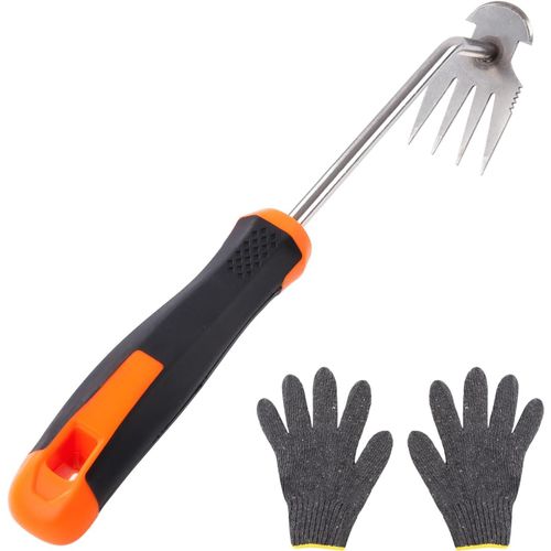 ASFASFq-Desherbeur Manuel, Outils Jardinage Désherbeurs Manuels Outils, Arrache Mauvaise Herbe avec Gants, Inoxydable Extracteur de Mauvaises Herbes, pour jardin (4 Dents)