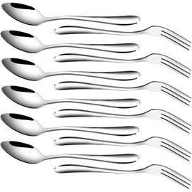 SEPT-12 Fourchettes à Dessert et Cuillères en Acier Inoxydable, 3 Dents Cake Fruit Steak Fourchette et Cuillère à Café pour Maison, Mariage, Restaurant, Cadeau de Noël (6 Fourchettes + 6 Cuillères)
