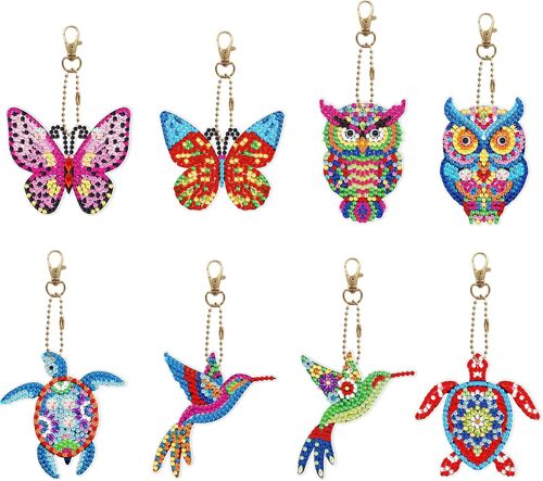 Mevronisshop-Diamond Painting Porte-Clés,8pcs Broderie Diamant Art Craft Animal Design, Diamond Painting Kit, Oiseau, Hibou, Tortue Et Papillon Inclus