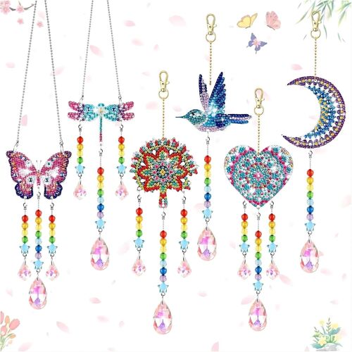 Kalanka-Dessin Au Diamant Carillon Éolien, 6 Pièces 5d Diy Pendentif En Cristal Ensemble Artisanal Décoration De Fenêtre (Wind Chime - Bird, Bird & Butterflies & Dragonflies, Wind Chime - Bird)