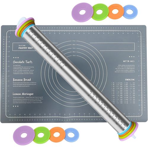 SUBZONAL-Rouleau a Patisserie en Acier Inoxydable Reglable, Rouleau à Patisserie Avec 4 Anneaux Réglables et Tapis Silicone Patisserie, Rouleaux à Pâtisserie Antiadhésif pour Pâtisserie & Pizza, 43cm