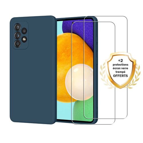 Coque Samsung Galaxy A52 Silicone Liquide Bleue Marine + 2 Vitres En Verre Trempé Protection Écran Antichocs Evetane