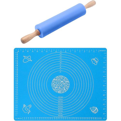Ayuhr-Rouleau À Pâtisserie En Bois Et Silicone, Tapis En Silicone, Rouleau À Pâte Fondante (Bleu)