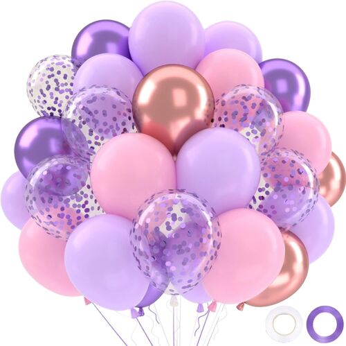 Pink Purple Balloons, 52 Pieces Pastel Pink Purple Balloons, Latex Balloons Metallic Purple Confetti Balloons, Pink Balloons Decoration Birthday Girl Woman Wedding Baby Shower Party Wedding Party, 12