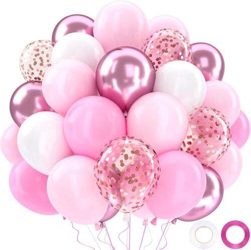 Ballons Anniversaire Rose Blancs, 52 Pièces Hélium Ballons Roses Blancs Avec Rubans, Ballon Rose Pour Mariage, Décoration Anniversaire Fête Prénatale, Déco Anniversair Bapteme