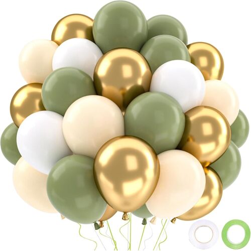 Green Gold Birthday Balloons, Green White Balloons, 52 Pieces Helium Olive Metallic Gold Balloons, Birthday Balloon Arch For Baby Shower Boy Birthday Decoration Christening