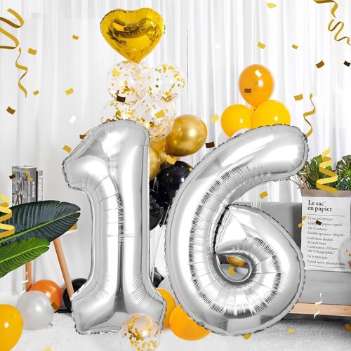 Ballons Anniversaire 16 Argenté - 100Cm - Ballon Chiffre 16 Numéro 16 - Happy Birthday Decoration Ballons Fête D'Anniversaire Ans Vole Grâce À L'Hèlium 16