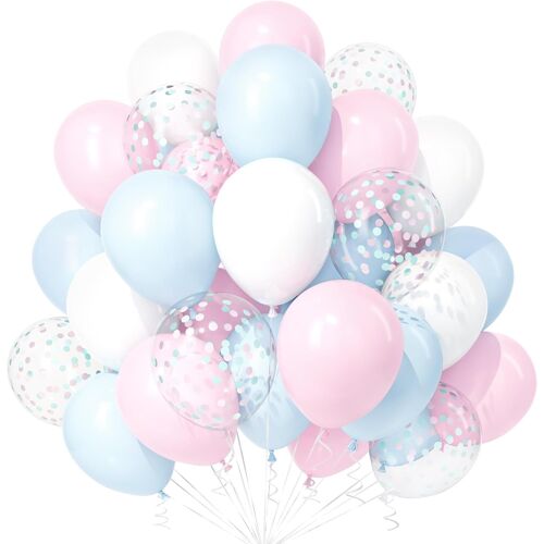 SJZG-Ballons Rose Bleu 30 Pièces, Pastel Macaron Blanc Bleu Rose Confettis Ballon Ruban Fille Garçon Enfant Révéler Genre Baptême Bébé Douche Nuptiale Mariage Anniversaire Fête Anniversaire Déco