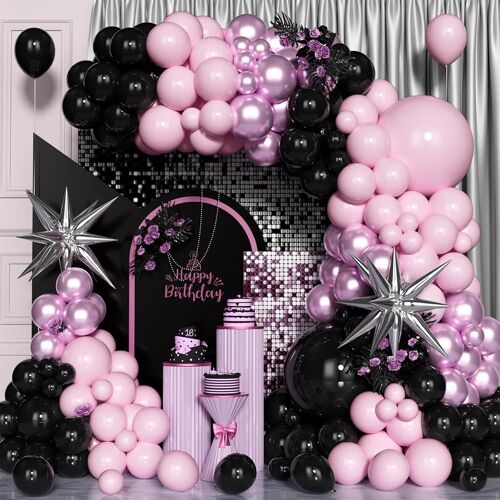 Kit Arche Ballons Rose Noir, 120 Pcs 5/10/12/18 Pouces, Guirlande Ballons En Latex Rose Métallisé Noir Avec Ballon Étoile Argenté Pour Filles Femmes Décoration Fête D'Anniversaire Mariage