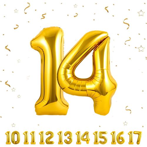 Ballons Anniversaire 14 Or - 100Cm - Ballon Chiffre 14 Numéro 14 - Happy Birthday Decoration Ballons Fête D'Anniversaire Ans Vole Grâce À L'Hèlium 14