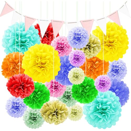 Sjzg-34pcs Decoration De Fete , Decoration Anniversaire Pompom Loisir Creatif, Decoration Mariage Colourful Boule Papier Fanion, Decoration Boheme Pompon Fleurs Papier, Decoration Voiture Mariage