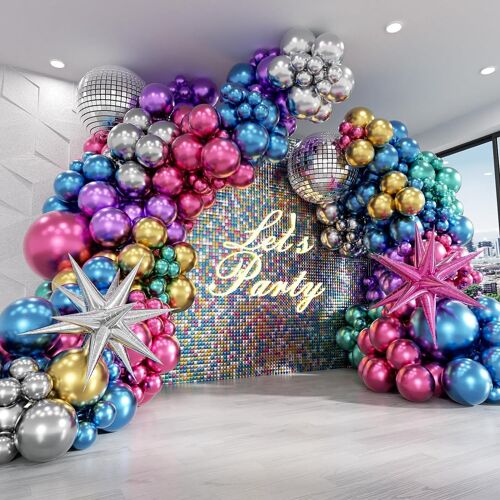 SJZG-Ballon Multicolore Métallique 135 Pièces Ballons Rose Bleu Violet Argenté Vert Doré Avec Disco Explosion Etoile Ballon Pour Anniversaires, Décorations De Fête, Disco Thème Fête