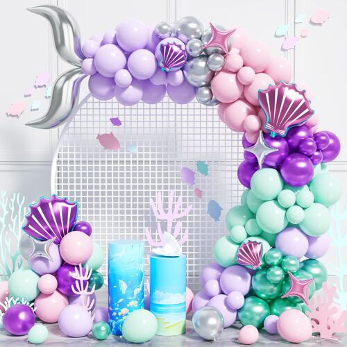 Ballon Sirène Queue Guirlande Fête,111 Pièces Métallique Violet Argent Pastel Rose Sarcelle Bleu Ballons Latex Arche Avec Coquillage Étoile Pour Décoration Fille Sirène Thème Anniversaire Baby Showe