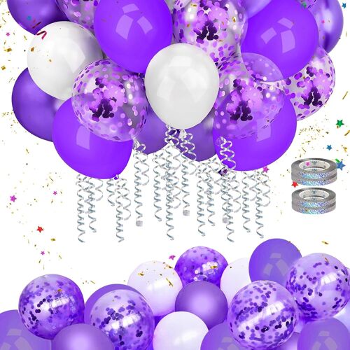60 Pièces Ballon Anniversaire Violet Métallique, Blanc Et Transparent Confetti Avec Ruban Pour Déco Nouvel An, Mariage, Disco, Shower, Fête