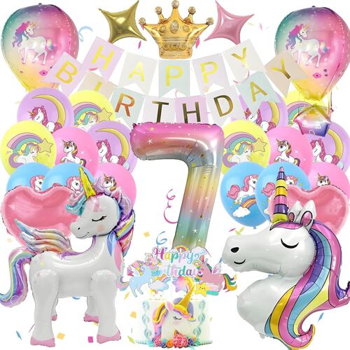 CAUC-Décoration Anniversaire Licorn Fille 7 Ans, 4D Ballon Helium e Guirlande Decoration Gateau Licorn, Deco Fete Fille Cadeau Licorn Enfant (Kit Anniversaire Licorn 7 Ans)