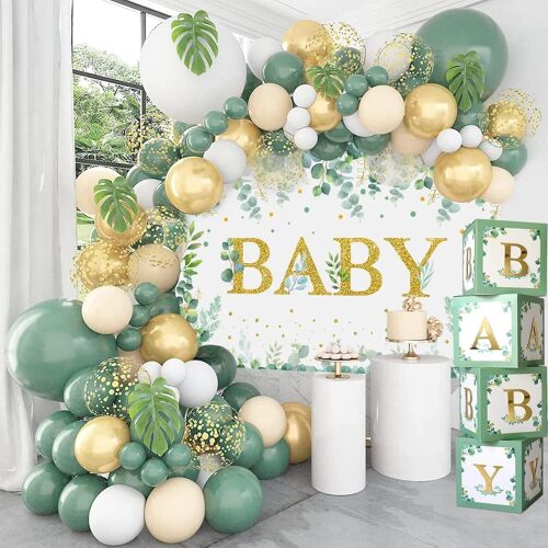 MEVRONISSHOP-125pcs Baby Shower Décoration Vert Sauge, Boîte à Ballon Bébé Vert Sauge avec Ballons Vert Doré et Toile de Fond Verte pour Baby Shower Garçon Fille, Fête Anniversaire Jungle Safari, Gen