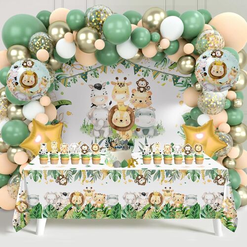 SJZG-Décoration Anniversaire Jungle Vert, Fête Anniversaire Safari Animal Avec Arche Balloon Vert Blanc Or, Fond D'Animal, Insert De Gâteau, Nappe, Kit Anniversaire Pour Baby Shower, Fête Jungle Safa