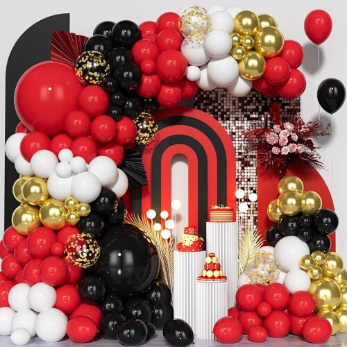 Kit Arche Ballon Noir Rouge, 142Pièces Guirlande Ballons Noir Rouge Blanc Or Métallique Ballon Confetti Fille Garçon Fête Anniversaire Fiançailles Casino Mariage Diplôme Douche Nuptiale Décora