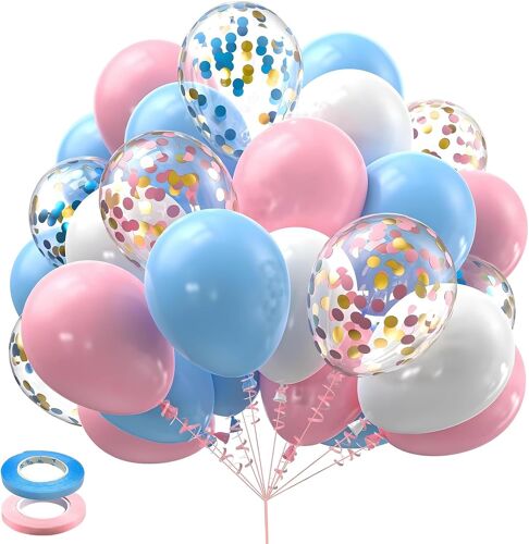 50/60 Multi-Coloured Balloon, Green, Gold, Pastel, Rainbow Balloons, Glitter Balloons For Birthday, Wedding, Baby Shower (Light Blue, Pink, White, 60)