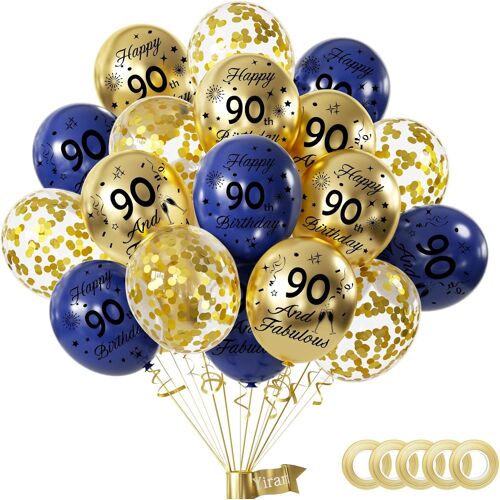 SJZG-Decoration Anniversaire 90 Ans, 15Pcs 12"" 90 Ans Décoration Anniversaire De Fête En Bleu Or, Ballon Anniversaire Kit Ballon Or Bleu, Deco Anniversaire Pour 90 Ans Anniversaire Garcon Fille Femme