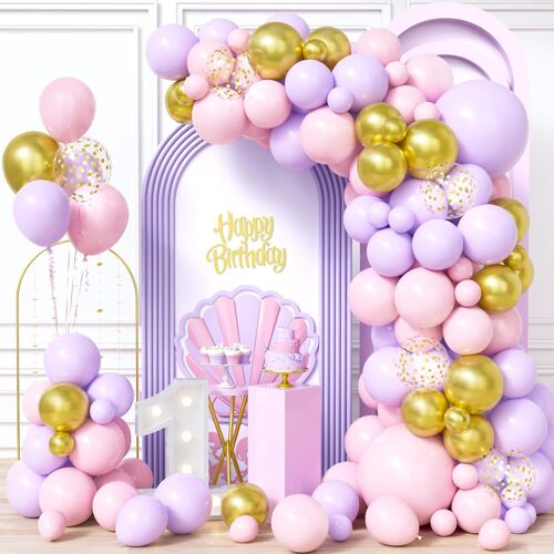 SJZG-Arche Ballons Rose Violet,103Pièces Kit Guirlande Ballon Pastel Macaron Pink Violet Et Métallisé Or Confettis Garçon Fille Baby Shower Mariage Anniversaire Bébé Nuptiale Douche Promo Décora