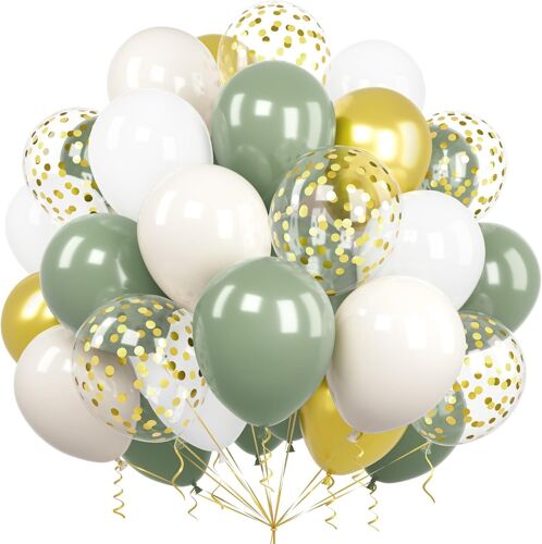 SJZG-Ballons Vert Or, 60 Pièces 12 Pouces Vert Sauge Et Blanc Métallique Chrome Doré Confettis Latex Ballon Ruban Pour Filles Garçons Enfant Fête Anniversaire Baby Shower Mariage Baptême Décoration