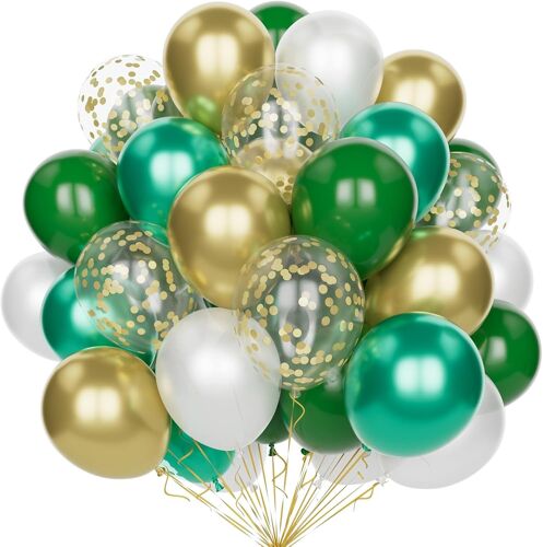 Ballons Verts Et Dorés, 60 Pcs 12 Pouces Ballons Fête Vert Foncé Blanc Métallisé Vert Et Doré Ensemble Avec Confettis Dorés Latex Pour Anniversaire Mariage Fête Baby Showerdécoration Anniversaire