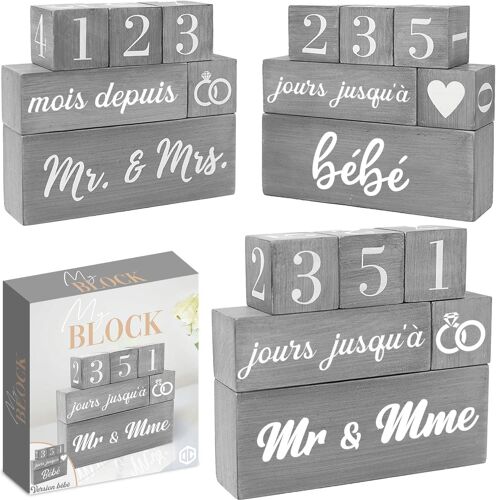 CAUC-® Compte à Rebours Mariage et Naissance sous Forme de Blocs de Bois - Calendrier avec Texte Réversible pour Naissance, Mariages - Cadeau Original pour Futurs Mariés et Futurs Parents