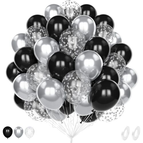 MEVRONISSHOP-Ballon Noir Argenté, 60 Pièce 12 Pouces Mat Noir Métallique Argenté Confettis Latex Hélium Ballon pour Homme Anniversaire Mariage Fête d'Anniversaire Diplôme Décoration Fête