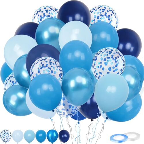 SJZG-Lot De 60 Ballons Bleus, À Confettis Bleus Macaron De 30,5 Cm Avec Ruban Pour Anniversaire, Mariage, Fête Prénatale, Décoration De Fête