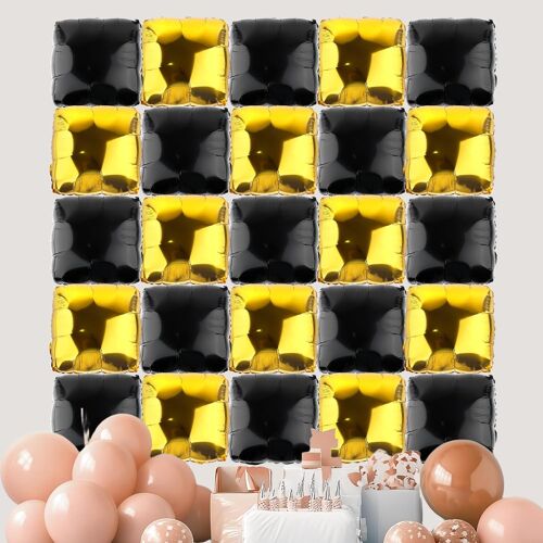SJZG-25Pcs Kit De Mur Ballons Carrés Mylar, Double Face Toile Fond Ballons Carrés Pour Mariage Fête D'Anniversaire Tunnel Enterrement Vie Jeune Fille Décoration D'Arche (Noir & Or)