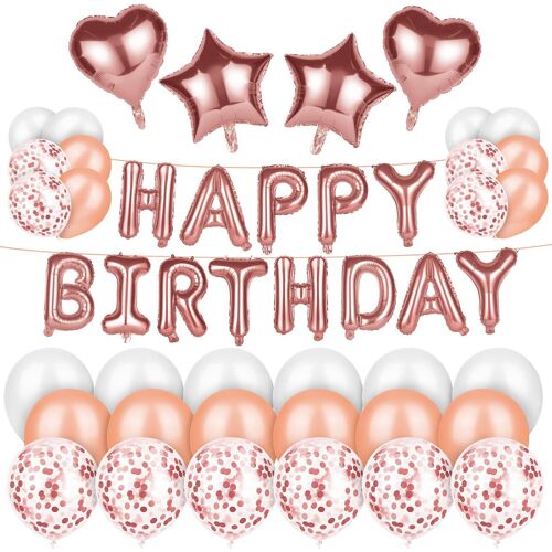 MEVRONISSHOP-Decoration Anniversaire, 49PCS Deco Anniversaire Ballon Anniversaires Combinaison Happy Birthday Bannière, Or Rose Ballon Décorations avec Confettis, Aniversaire de Fête pour Femme Homme