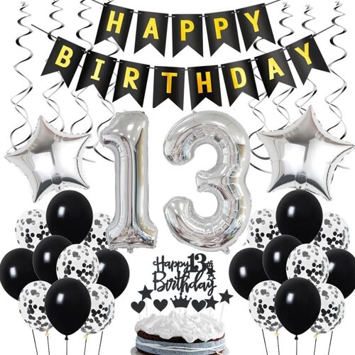 SJZG-Décoration 13E Anniversaire, Déco Anniversaire 13 Ans Garçon, Déco 13E Anniversaire, Déco 13 Ballons Noir Et Argent, Déco Ballon 13E Anniversaire Fête, Déco 13E Anniversaire Garçon Fille