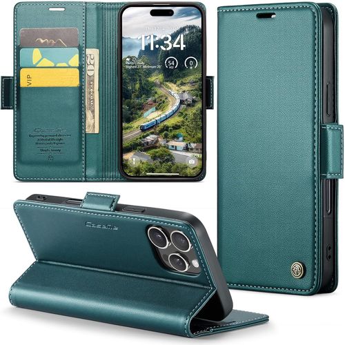 Kalanka-Coque Pour Iphone 16 Pro Max, Étui Housse En Rfid Protection Premium Pu Cuir Portefeuille Rabat Case Magnétique Stand Antichoc, Étui Case Pour Iphone 16 Pro Max, Bleu Vert