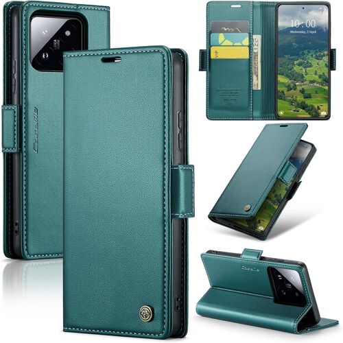 SJZG-Coque Pour Xiaomi 14, Étui Housse En Rfid Protection Premium Pu Cuir Portefeuille Rabat Case Magnétique Stand Antichoc, Étui Case Pour Xiaomi 14, Bleu Vert