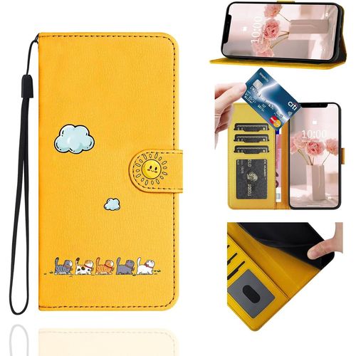 Coque Portefeuille Pour Iphone 16(6,1""),Étui À Rabat Housse En Cuir,Chat Pochette Carte Magnétique De Protection Cover Case Antichoc Pour Iphone 16,Jaune