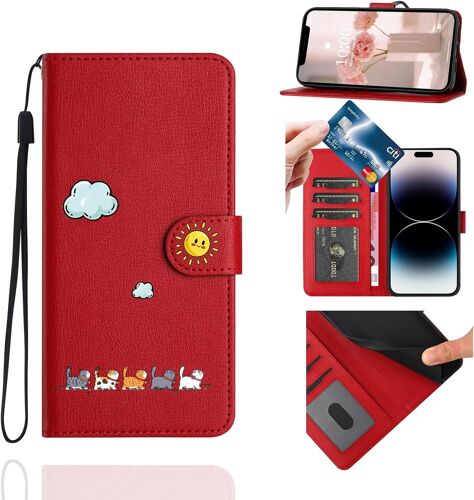 Wallet Case For Samsung Galaxy A55 5G (6.6 Inches), Leather Flip Case, Cat Magnetic Protective Cover Case With Card Slots [Lanyard] [Brackets] Red