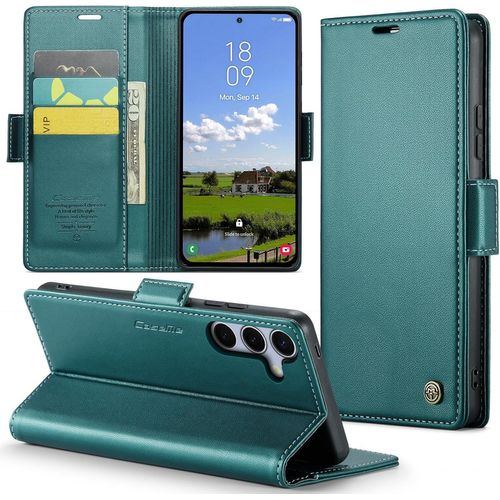Trahoo-Coque Pour Samsung Galaxy S25, Étui Housse En Rfid Protection Premium Pu Cuir Portefeuille Rabat Case Magnétique Stand Antichoc, Étui Case Pour Samsung Galaxy S25, Bleu Vert