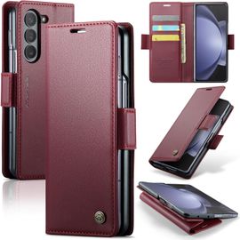 Étui Portefeuille Pu Fin Pour Samsung Galaxy Z Fold5 5g 7,6"" ¿ Blocage Rfid, Coque Antichoc Avec Béquille, 3 Emplacements Cartes + Poche Billets, Fermeture Magnétique ¿ Rouge