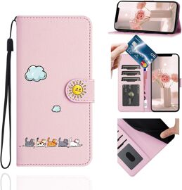 CAUC-Coque Portefeuille pour Samsung Galaxy A55 5G (6,6 Pouces),Étui à Rabat Housse en Cuir,Chat Pochette Carte Magnétique de Protection Cover Case Antichoc [Lanyard][Parenthèses],Rose
