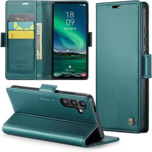 Trahoo-Coque Pour Samsung Galaxy S24 Fe, Étui Housse En Rfid Protection Premium Pu Cuir Portefeuille Rabat Case Magnétique Stand Antichoc, Étui Case Pour Samsung Galaxy S24 Fe, Bleu Vert