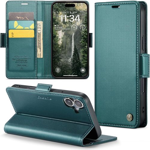 SJZG-Coque Pour Iphone 16, Étui Housse En Rfid Protection Premium Pu Cuir Portefeuille Rabat Case Magnétique Stand Antichoc, Étui Case Pour Iphone 16 6,1"", Bleu Vert