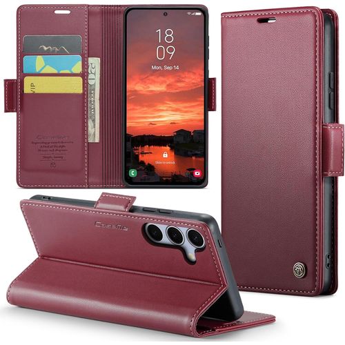 Trahoo-Coque Pour Samsung Galaxy S25, Étui Housse En Rfid Protection Premium Pu Cuir Portefeuille Rabat Case Magnétique Stand Antichoc, Étui Case Pour Samsung Galaxy S25, Rouge