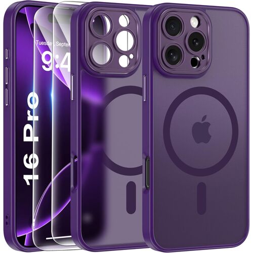 LORANKA-Magnétique Coque pour iPhone 16 Pro avec 2 Verre Trempé, Compatible avec MagSafe, Protection d'objectif Tout Compris, Etui Mat Arrière Housse Fine Antichoc Case 16 Pro 6.3"", Violet Foncé