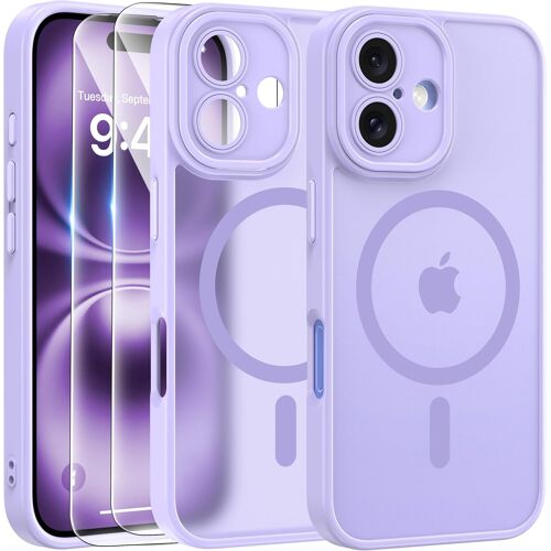 LORANKA-Magnétique Coque pour iPhone 16 avec 2 Verre Trempé, Compatible avec MagSafe, Protection d'objectif Tout Compris, Etui Mat Arrière Housse Fine Antichoc Case iPhone 16 6.1"", Violet Clair