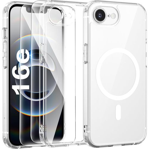 Magnétique Coque Pour Iphone 16e Avec 2 Verre Trempé, Compatible Avec Magsafe, Protection D'objectif Tout Compris, Etui Mat Arrière Housse Fine Antichoc Case Iphone 16e 6.1"", Transparent