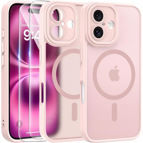 Magnétique Coque Pour Iphone 16 Avec 2 Verre Trempé, Compatible Avec Magsafe, Protection D'objectif Tout Compris, Etui Mat Arrière Housse Fine Antichoc Case Iphone 16 6.1"", Rose